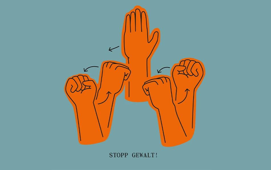 Illustratio nvon Händen in unterschiedlichen Gesten in orange vor blauem Hintergrund. Darunter steht "Stoppt Gewalt!"